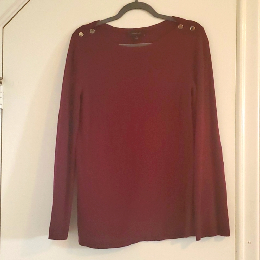 Ann Taylor Medium Burgundy Bell Sleeve Tunic Sweater with Button Shoulders